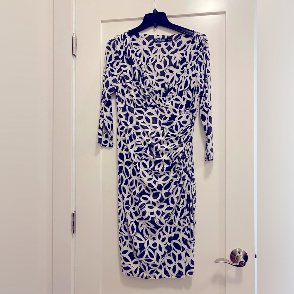 Ralph Lauren ruched faux-wrap dress, white and gray floral, size 12